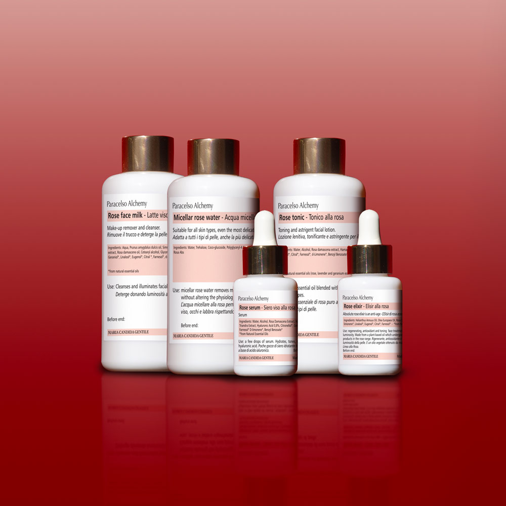 Composizione prodotti della categoria Linea cosmetica alla rosa Paracelso Alchemy di Maria Candida Gentile