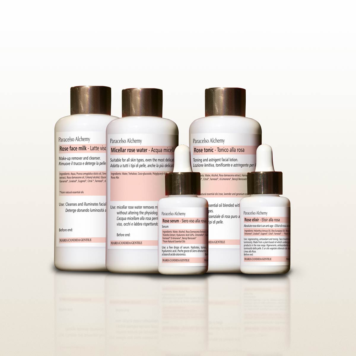 Composizione prodotti della categoria Linea cosmetica alla rosa Paracelso Alchemy di Maria Candida Gentile